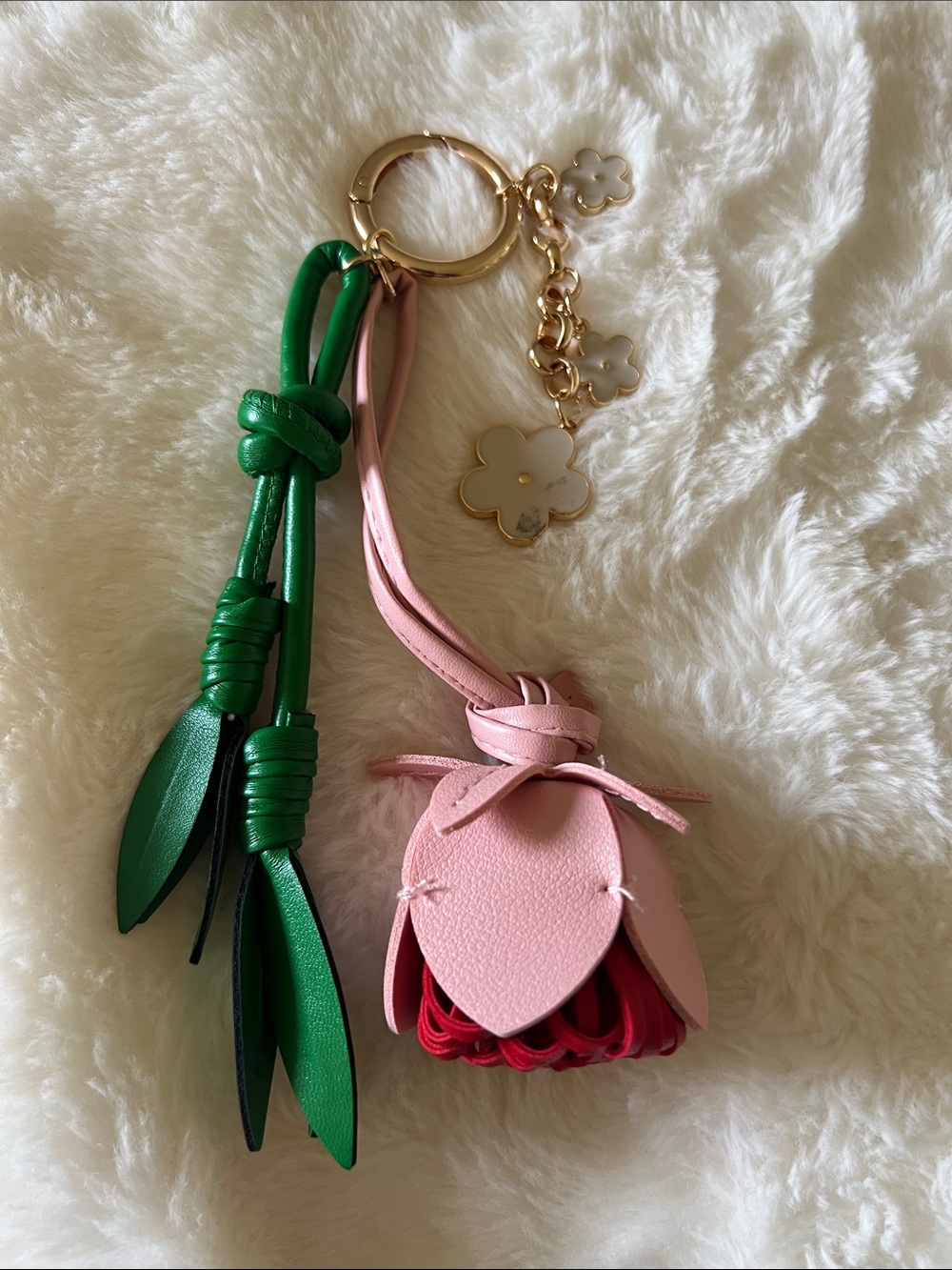 Pink & Green Floral Leather Bag Charm Keychain